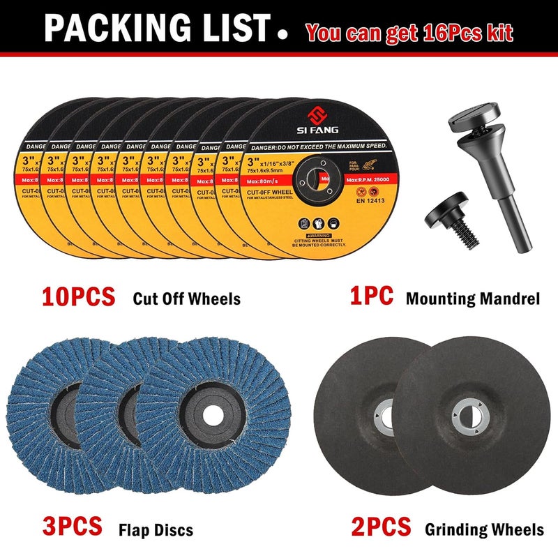SI FANG 16Pcs 3 inch Cut-Off Wheel Grinding Wheel Flap Discs Kit with 3/8" Arbor 1/4" Stem Mounting Mandrel Die Grinder Accessories Drill Attachment, Metal Stainless Steel Wood Cutting and Grinding - Image 2